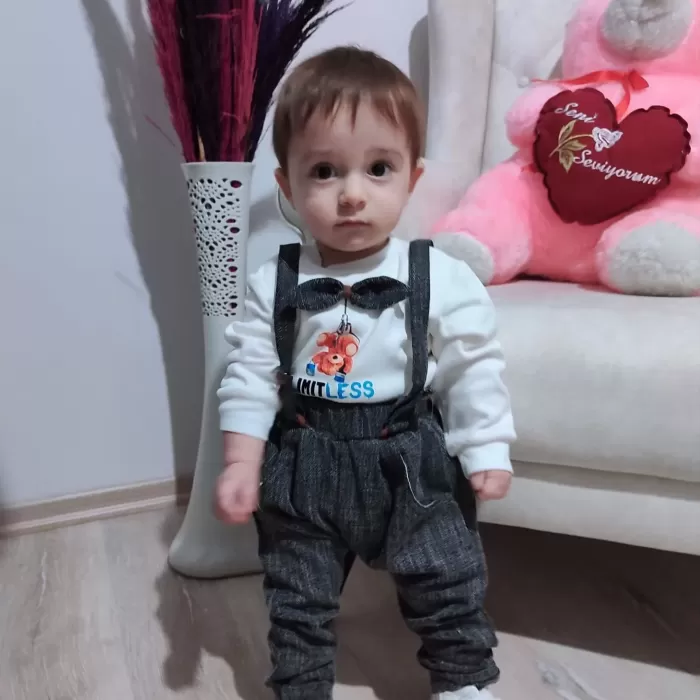 Papyonlu Sweat Kot Pantolon 2li Erkek Bebek Salopet Takımı Gri