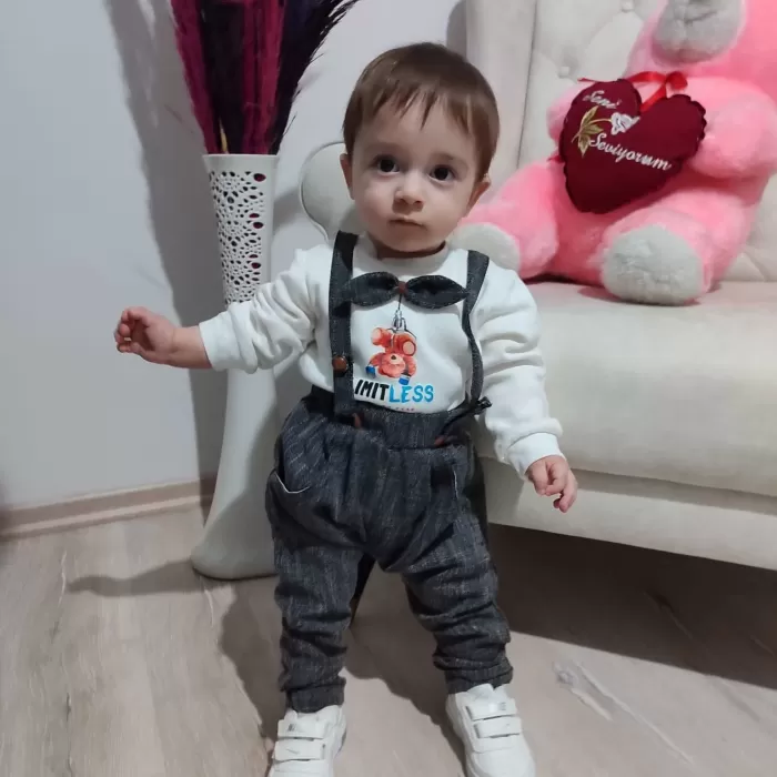 Papyonlu Sweat Kot Pantolon 2li Erkek Bebek Salopet Takımı Gri