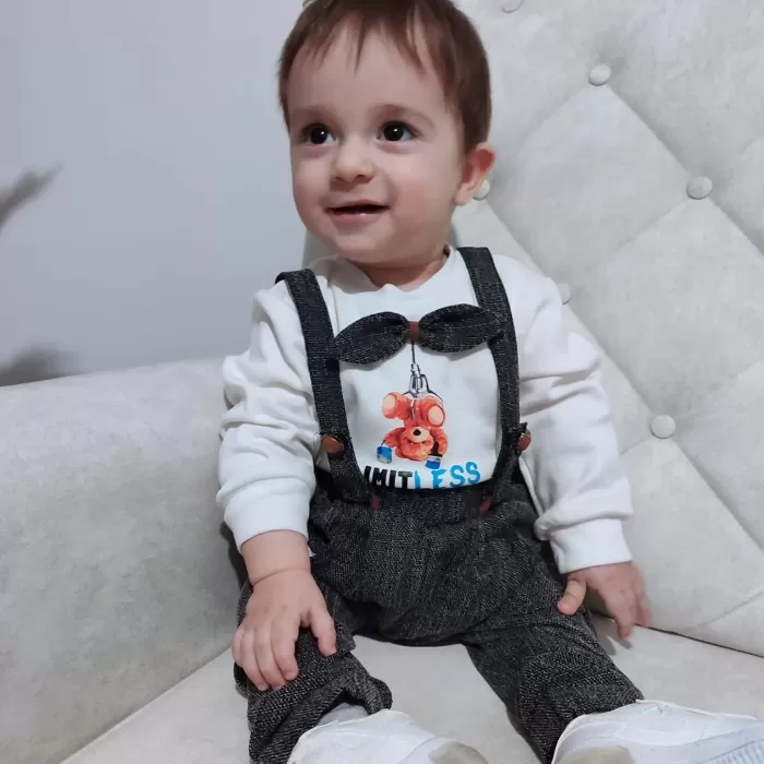 Papyonlu Sweat Kot Pantolon 2li Erkek Bebek Salopet Takımı Gri