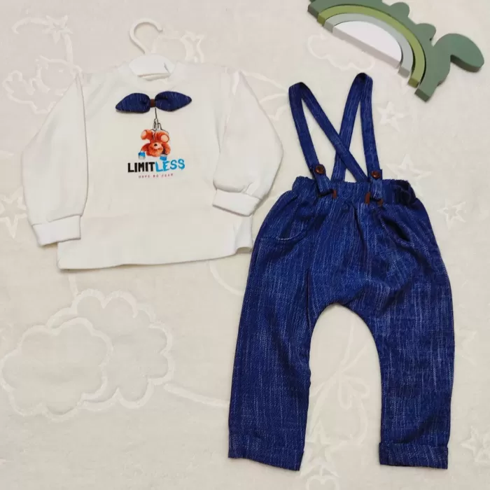 Papyonlu Sweat Kot Pantolon 2li Erkek Bebek Salopet Takımı Lacivert