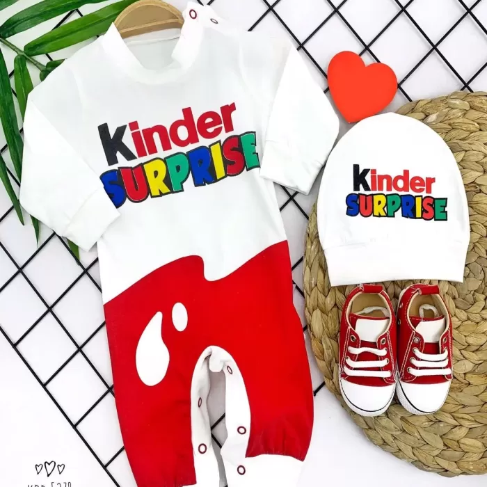 Kinder Surprise Baskılı Çıtçıt Kapamalı Şapkalı 2li Kız Erkek Bebek Tulumu Ekru