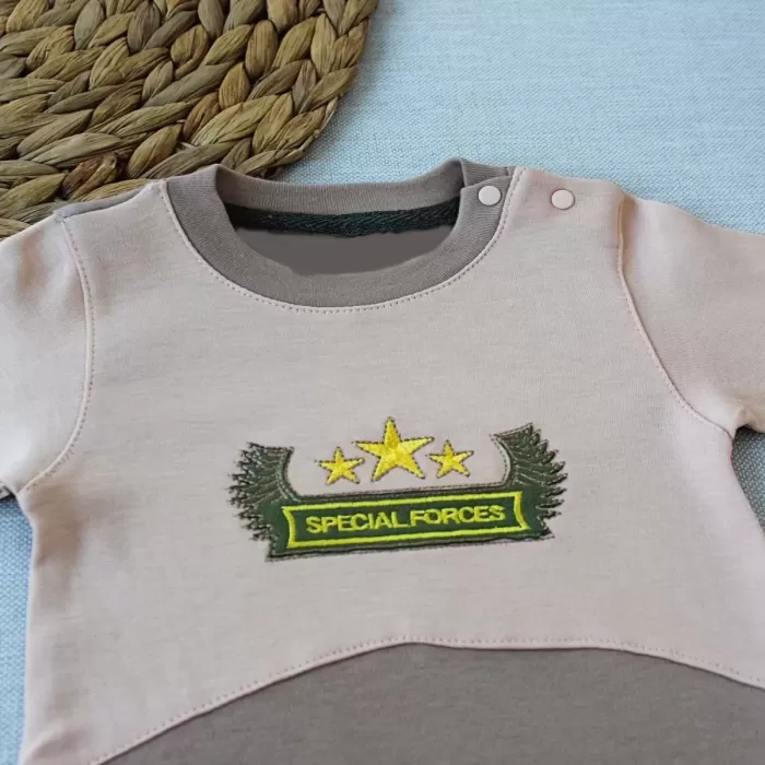 Özel Kuvvetler Nakışlı Bere Şapkalı Kız Erkek Bebek Tulumu Sütlü Kahve