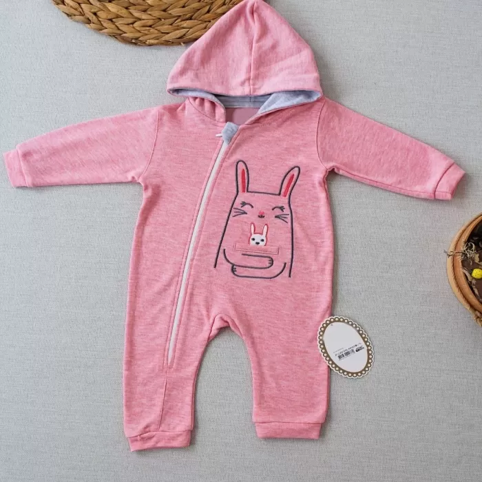 Ef Çizgi Boy Fermuarlı Tavşan Nakışlı Kapşonlu Kız Erkek Bebek Tulumu Pembe