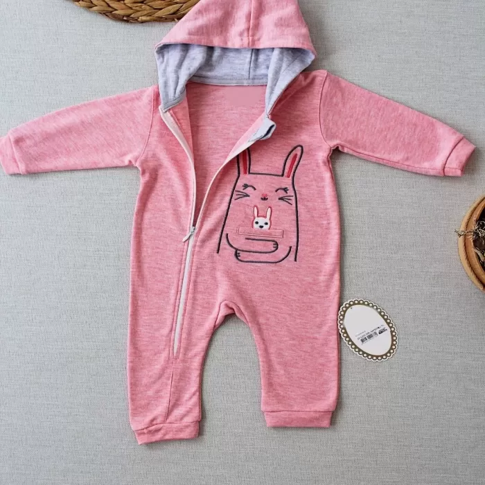 Ef Çizgi Boy Fermuarlı Tavşan Nakışlı Kapşonlu Kız Erkek Bebek Tulumu Pembe