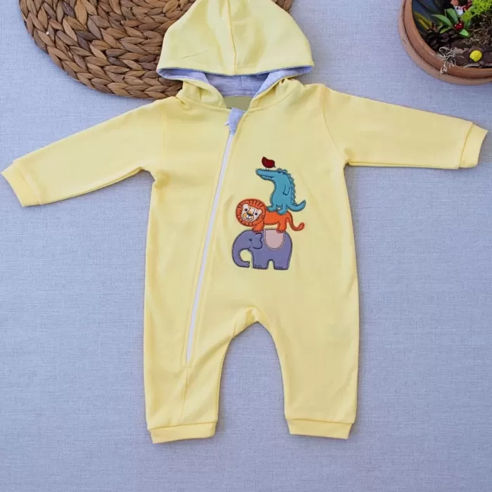 Ef Çizgi Boy Fermuarlı Hvanlar Alemi Nakışlı Kapşonlu Kız Erkek Bebek Tulumu Sarı