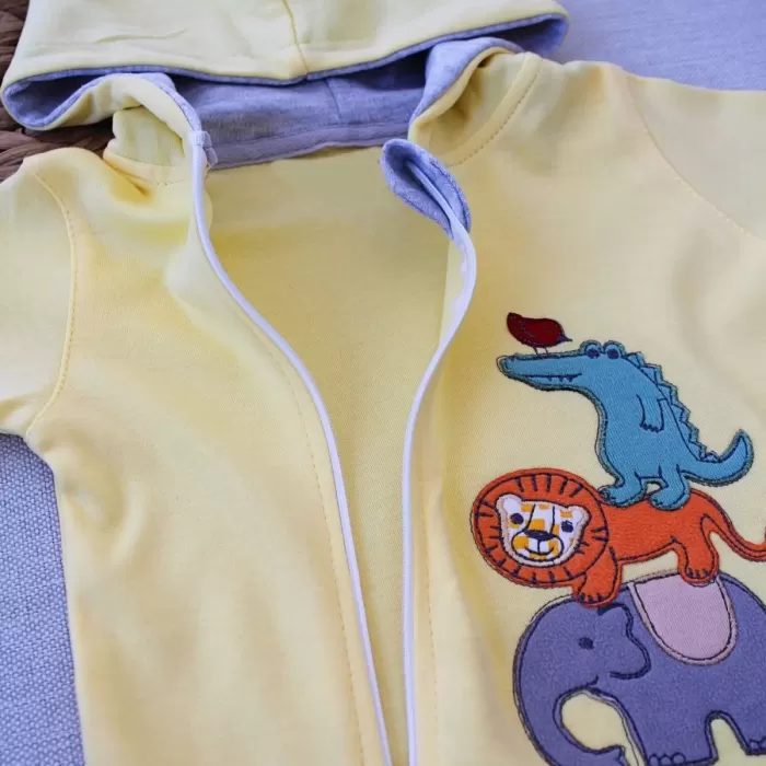 Ef Çizgi Boy Fermuarlı Hvanlar Alemi Nakışlı Kapşonlu Kız Erkek Bebek Tulumu Sarı