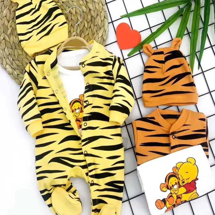 Pooh Desenli Zebra Çizgili Şapkalı Sweatli 3lü Kız Erkek Bebek Tulumu(sarı) Sarı