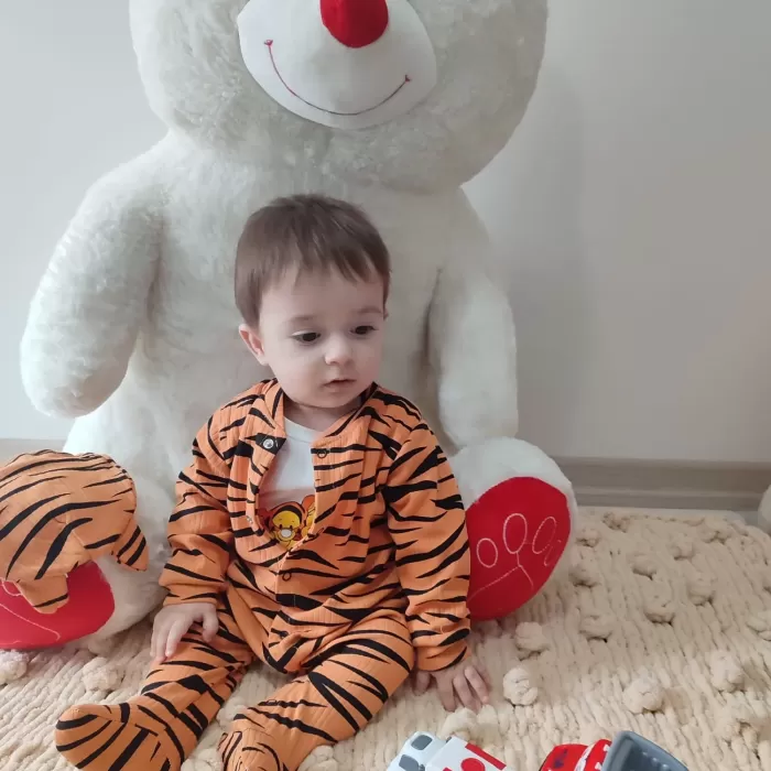 Pooh Desenli Zebra Çizgili Şapkalı Sweatli 3lü Kız Erkek Bebek Tulumu(sarı) Sarı