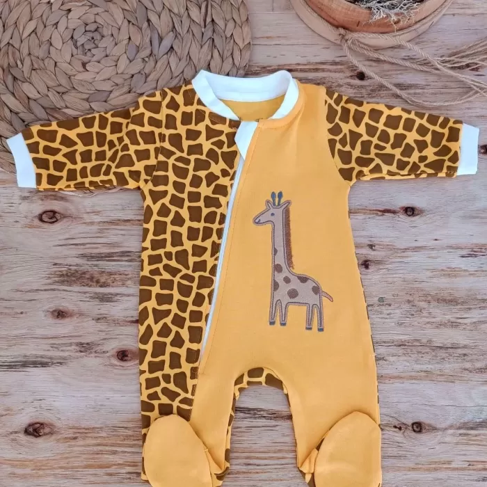 Boy Fermuar Zürafa Nakışlı Kız Erkek Bebek Tulum Sarı