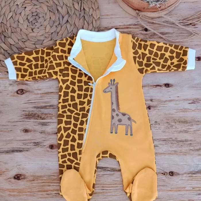 Boy Fermuar Zürafa Nakışlı Kız Erkek Bebek Tulum Sarı