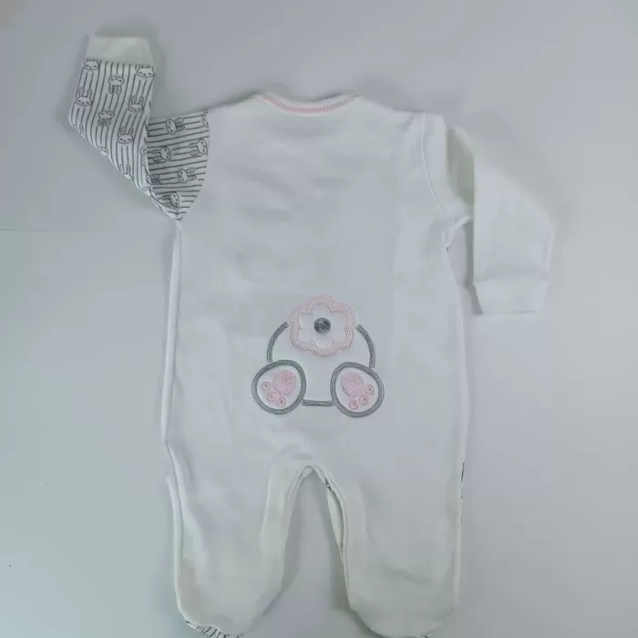 Minik Tavşan Nakışlı Boydan Çıtçıt Kapamalı Kız Erkek Bebek Tulumu Ekru
