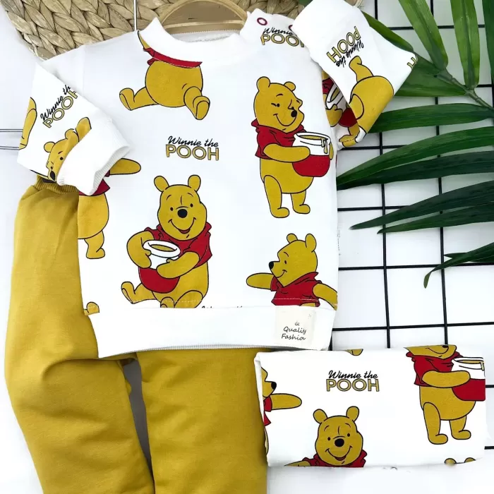 Pooh Baskılı Yaka Çıtçıtlı Uzun Kollu Sweatli 2li Kız Erkek Bebek Takımı