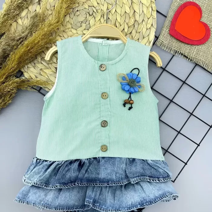 Gül Rozet Detaylı Kot Kilotlu Etek Kız Bebek Elbisesi