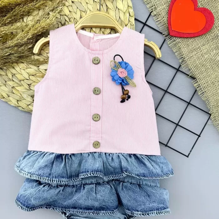 Gül Rozet Detaylı Kot Kilotlu Etek Kız Bebek Elbisesi