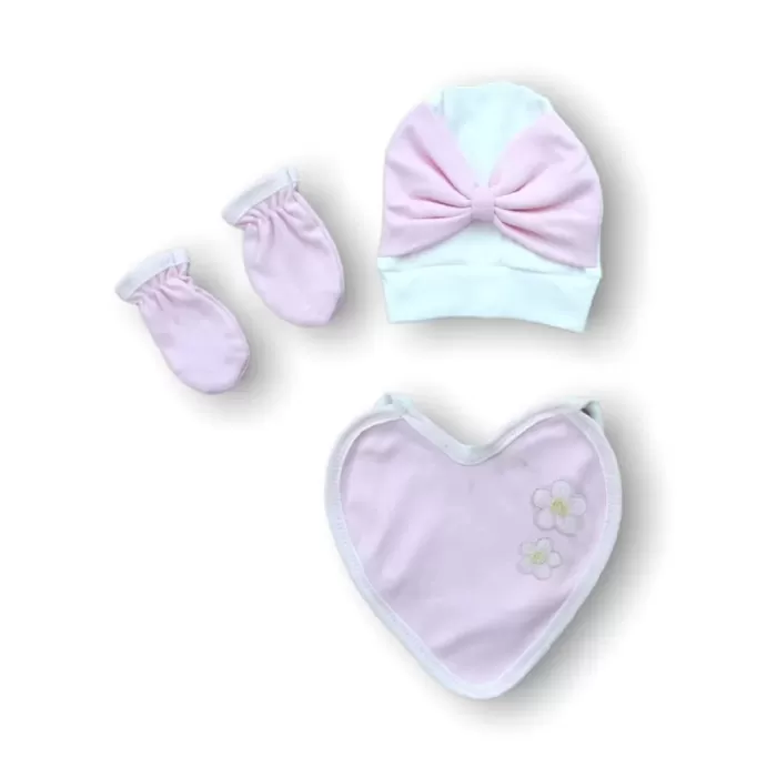 Baharın Çiçekli Kalbi Nakışlı %100 Cotton Antibakteriyel 5li Zıbın Takımı Hastane Çıkışı Pembe