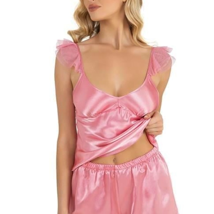 Pembe Saten Şort Takımı 9212