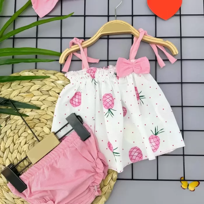 Bandajlı Ve Kilotlu Ananas Desenli Askılı 3lü Kız Bebek Elbisesi