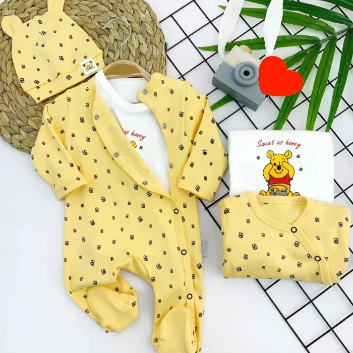 Pooh Desenli Şapkalı Sweatli 3lü Kız Erkek Bebek Tulum Sarı