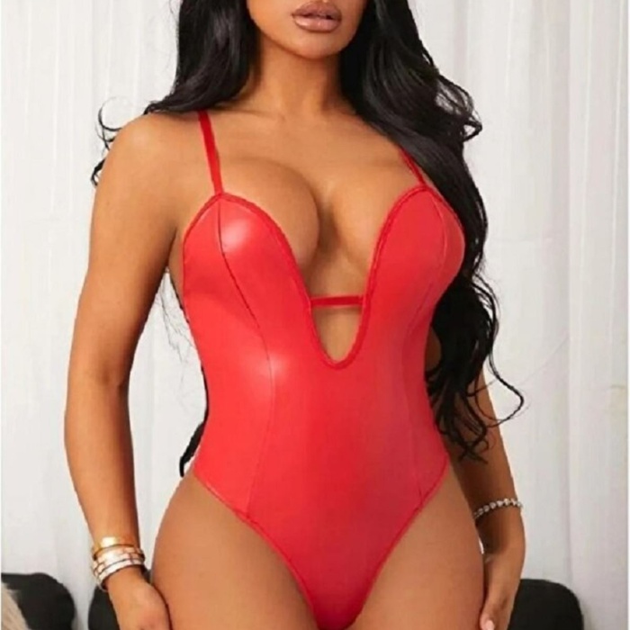 Kadın Kırmızı Seksi Lame Deri Fantezi Babydoll