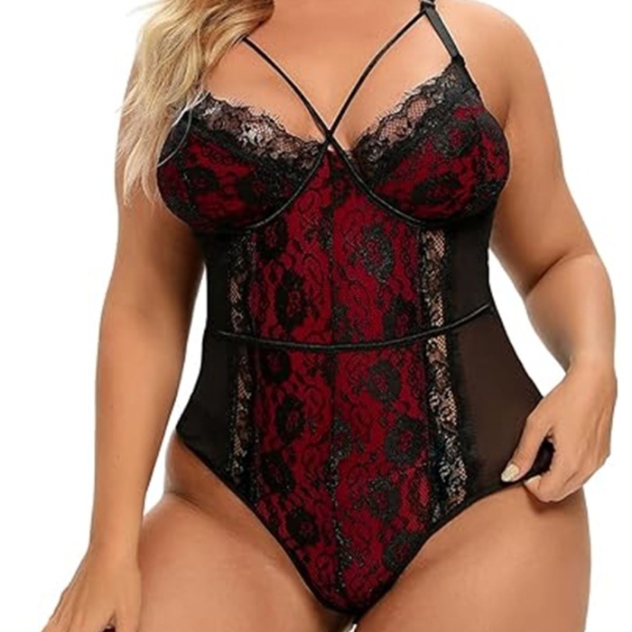 Kadın Büyük Beden Dantelli Seksi Babydoll Bodysuit Fantezi Erotik Kostüm