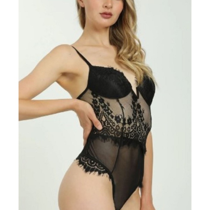 Kadın Siyah Kaplı Dantel Babydoll Badysuit