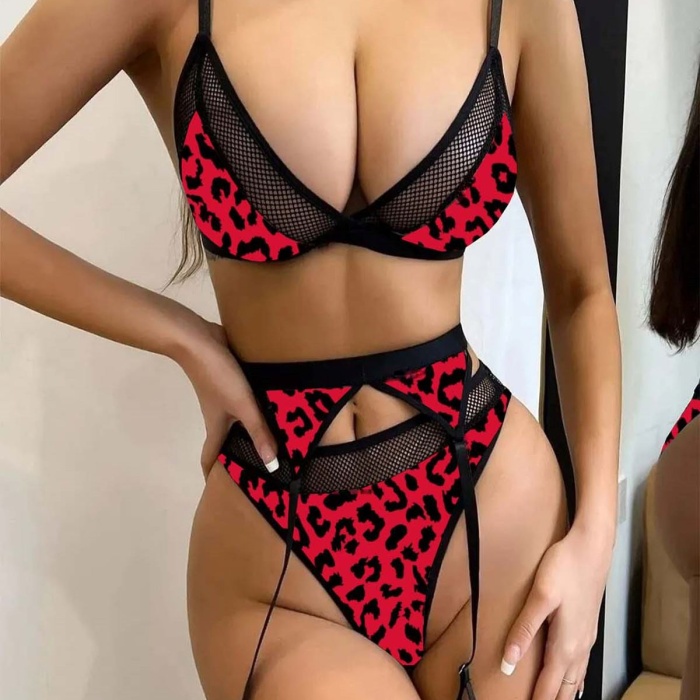 Seksi Kumaş Üzeri Dijital Baskılı Kırmızı Leopar Jartiyer Takımı