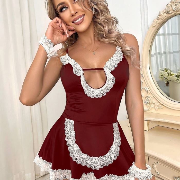 Bordo Seksi Fantezi Hizmetçi Kostümü