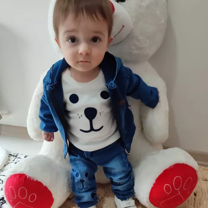 9-12-18-24 Ay Kot Kumaş Kapşonlu Uzun Kol Sweatli Kot Kumaş 3lü Erkek Bebek Takımı