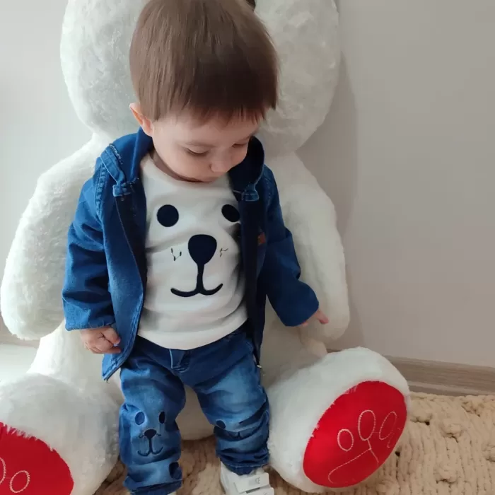 9-12-18-24 Ay Kot Kumaş Kapşonlu Uzun Kol Sweatli Kot Kumaş 3lü Erkek Bebek Takımı