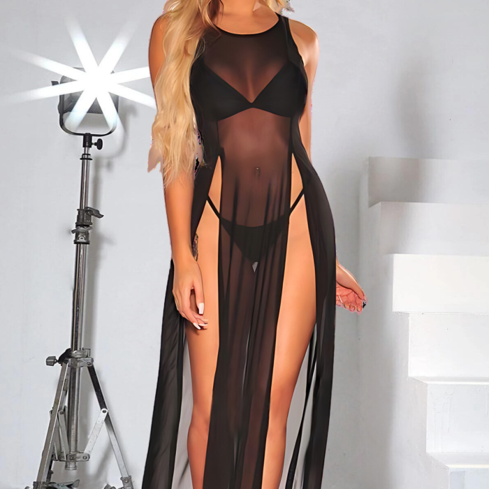 Siyah Yanlardan Yırtmaçlı Uzun Fantezi Sexi Fantezi Gecelik Model 68000s