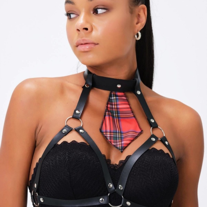 Kareli Kravat Ve Harness Göğsü Açık Deri Aksesuar 51164
