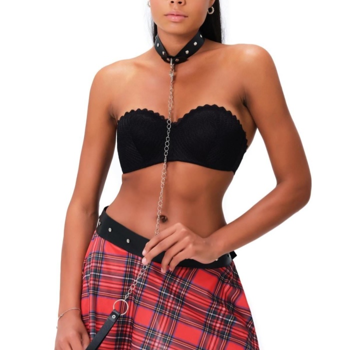 Kareli Harness Deri Etekleri Dantel Süslemeli Fantezi Gecelik 51158