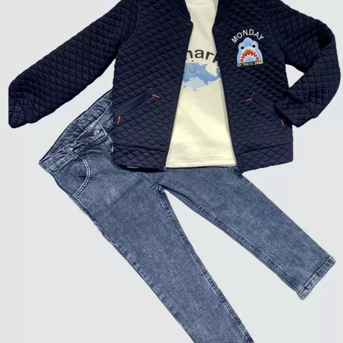 4-5-6 Yaş Kot Pantolonlu Pilot Mont Uzun Kollu Penye Sweat 3lü Erkek Çocuk Takımı