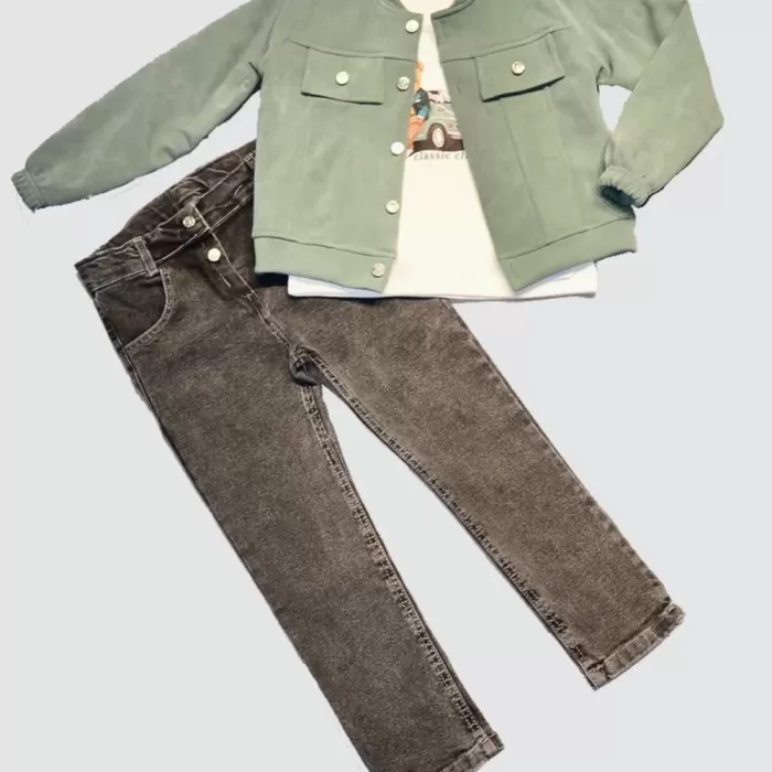 4-5-6 Yaş Kot Pantolonlu Nubukceketli Uzun Kollu Penye Sweat 3lü Erkek Çocuk Takımı