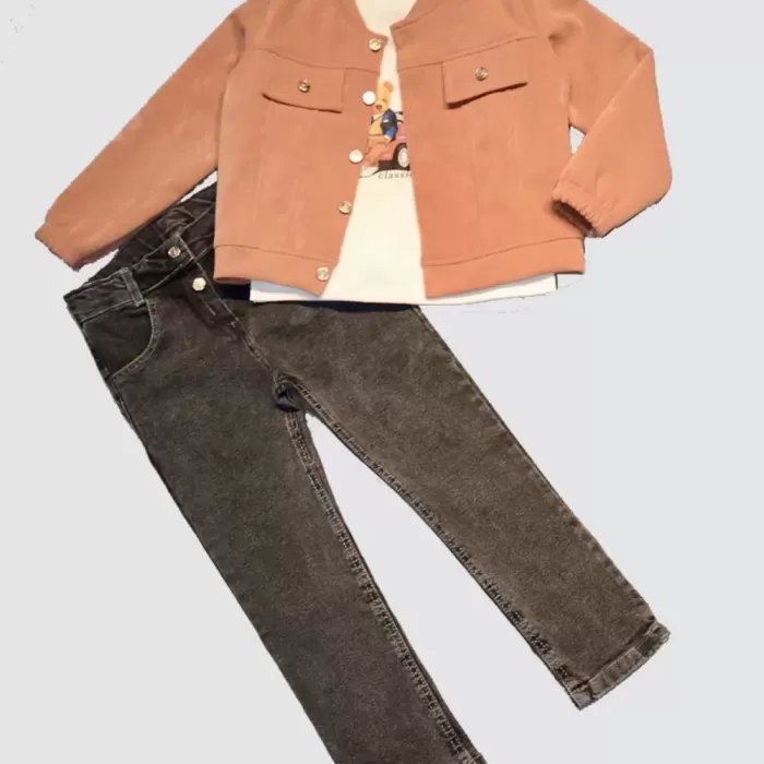 4-5-6 Yaş Kot Pantolonlu Nubukceketli Uzun Kollu Penye Sweat 3lü Erkek Çocuk Takımı