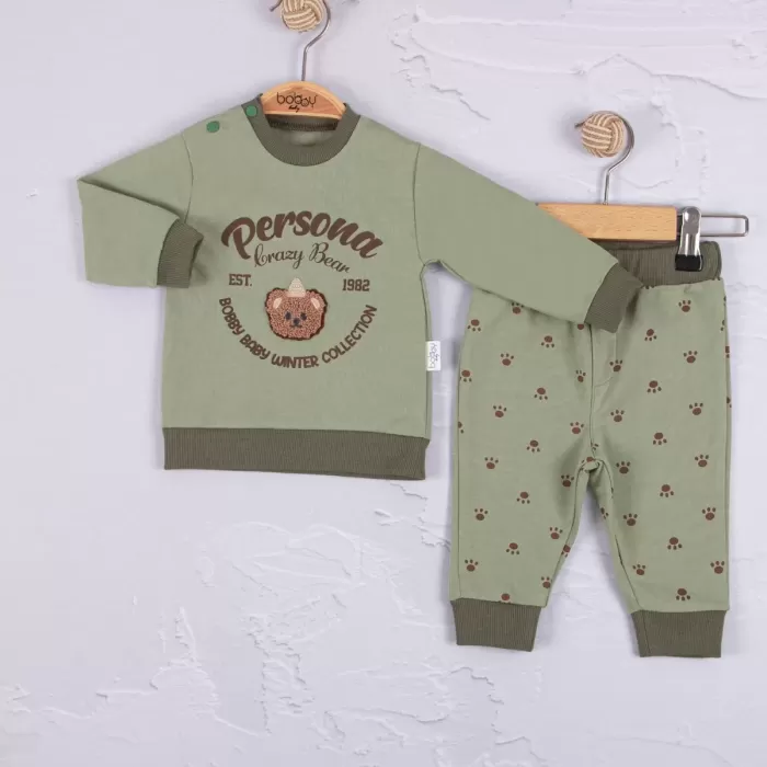 Persona Bear Nakışlı % 100 Pamuk 2li Erkek Bebek Takım