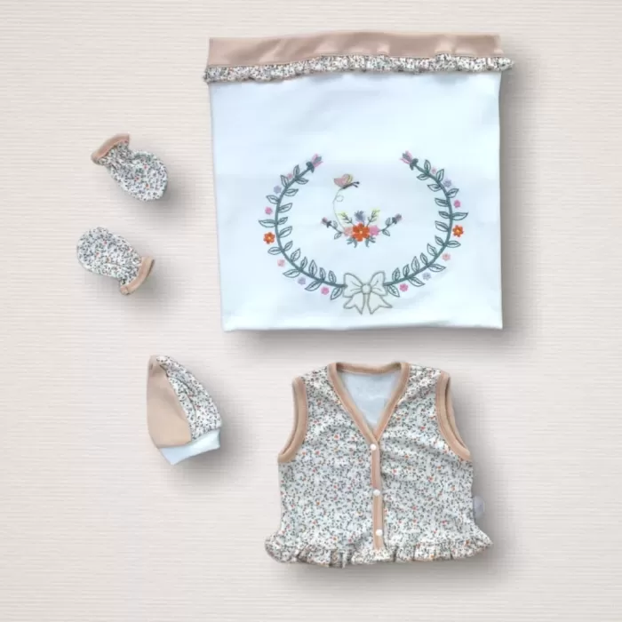 Erguvan Taç Nakışlı %100 Cotton Antibakteriyel Kız Bebek 10lu Zıbın Takımı Hastane Çıkışı