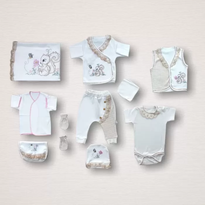 Minik Sincap Nakışlı %100 Cotton Antibakteriyel 10lu Zıbın Takımı Hastane Çıkışı