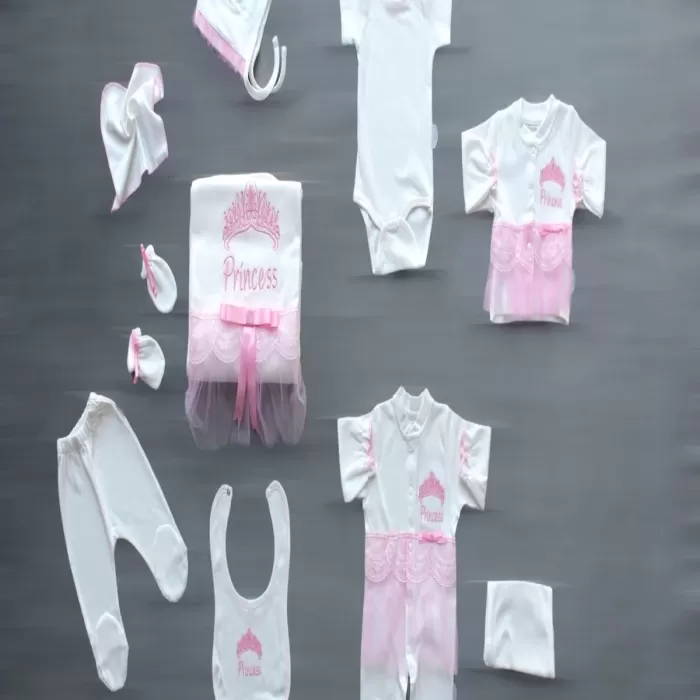 Taçlı Prensesim Nakışlı %100 Cotton Antibakteriyel 10lu Zıbın Takımı Hastane Çıkışı