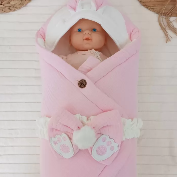 Yenidoğan 4 Kat Müslin Kumaş Kulaklı Patili Fiyonk Bebek Battaniyesi Kundak