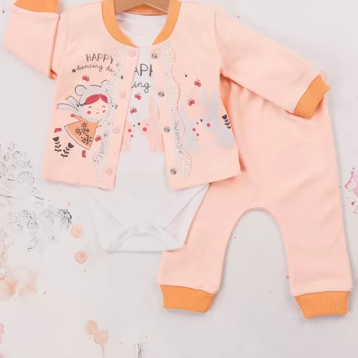 Happy Dancing Desenli 3lü Hırkalı Kız Bebek Takım