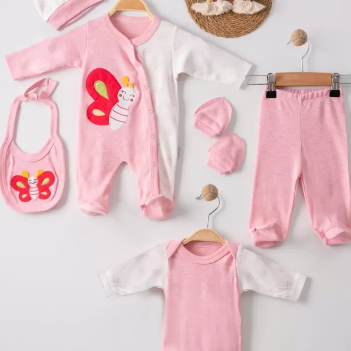 Kelebek Nakışlı Tulumlu % 100 Pamuk Kız Bebek 5li Set