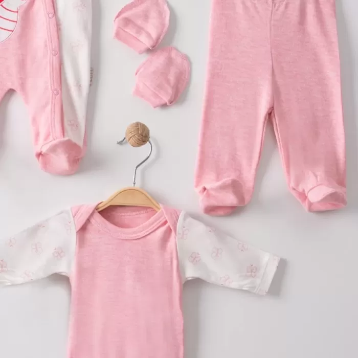 Kelebek Nakışlı Tulumlu % 100 Pamuk Kız Bebek 5li Set