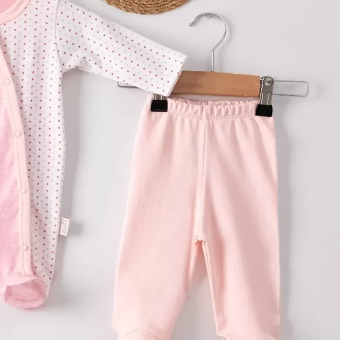 Kelebek Nakışlı Puanlı Tulumlu % 100 Pamuk Kız Bebek 5li Set