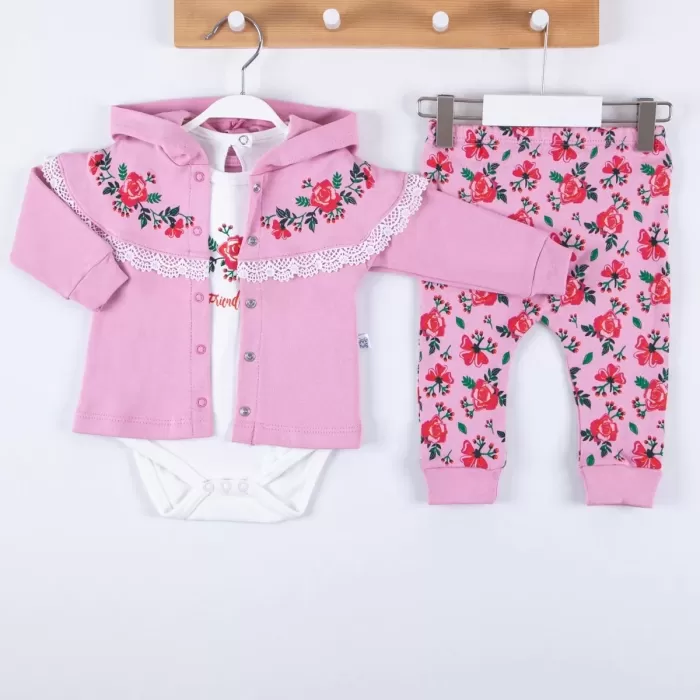 Flover Nakışlı Hırkalı % 100 Pamuk 3lü Kız Takım