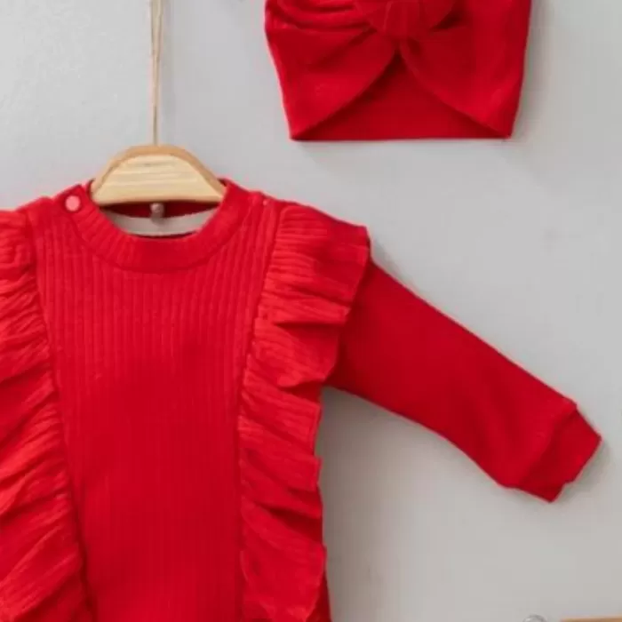Omuzdan Fırfır Detaylı Boneli 3lü % 100 Pamuklu Kız Bebek Takımı