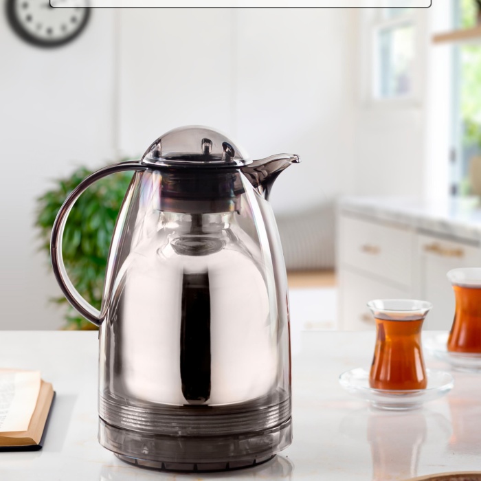 1.5 LT Isı Yalıtımlı Çay Ve Soğuk Su Termosu Füme (12 Saat Sıcak Tutar& İçi Camdır)