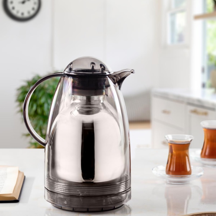 1.5 LT Isı Yalıtımlı Çay Ve Soğuk Su Termosu Füme (12 Saat Sıcak Tutar& İçi Camdır)