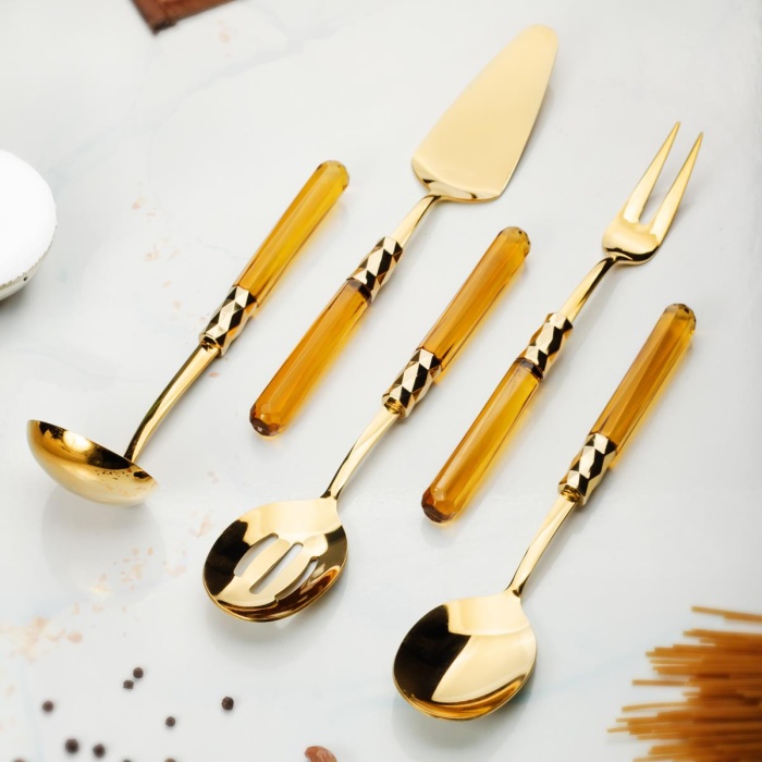 5 Parça Gold Servis Seti & Servis Sunum Seti Amber ( Kepçe / Kevgir / Sıpatula / Çatal / Kaşık )