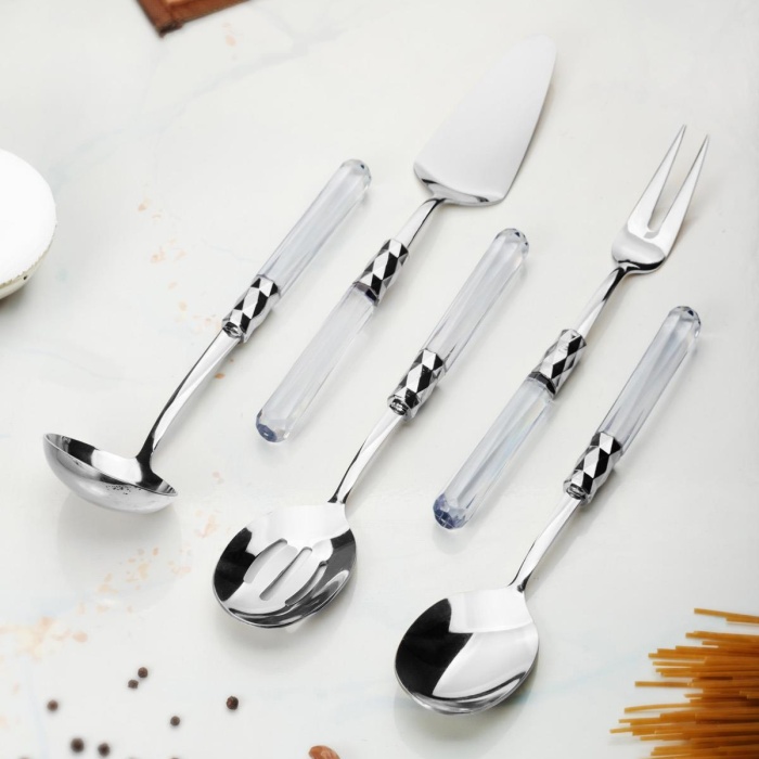 5 Parça Platin Servis Seti & Servis Sunum Seti Şeffaf ( Kepçe / Kevgir / Sıpatula / Çatal / Kaşık )